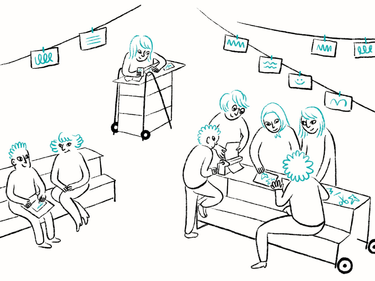 Dessin de participantes et participants autour des structures mobiles du projet.